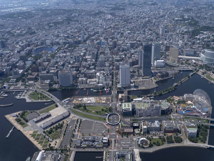 岸壁部を除いた新港埠頭の全景。海側から撮る。赤レンガ倉庫は左側。現役時代は線路と倉庫だらけであったという。