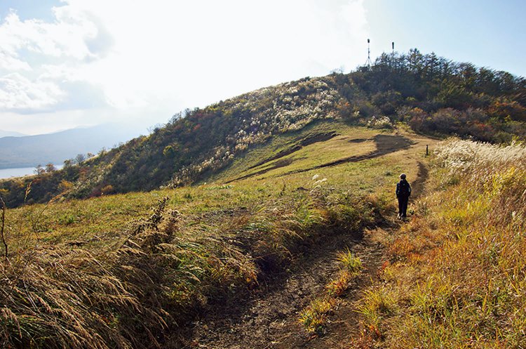 大平山の手前から。アンテナが2本立っているのが大平山。山頂からは富士山と山中湖が正面に見える。