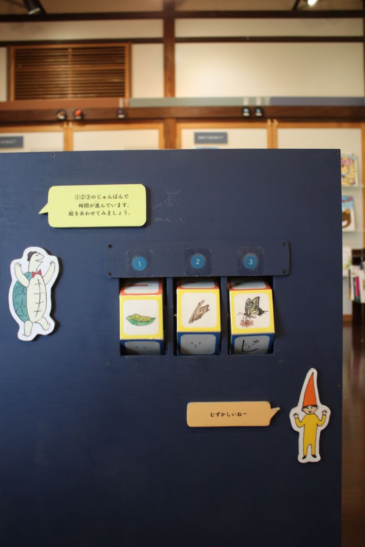 展示に合わせて楽しいしかけが方々に。これは時間の経過で物事が変化していることを感じるスロット。