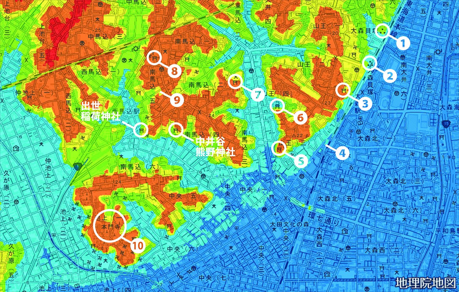 国土地理院の標準地図に標高図を重ねて加工。標高:青=0〜5m、水色=5〜10m、緑=10〜15m、黄色=15〜20m、オレンジ=20m〜。