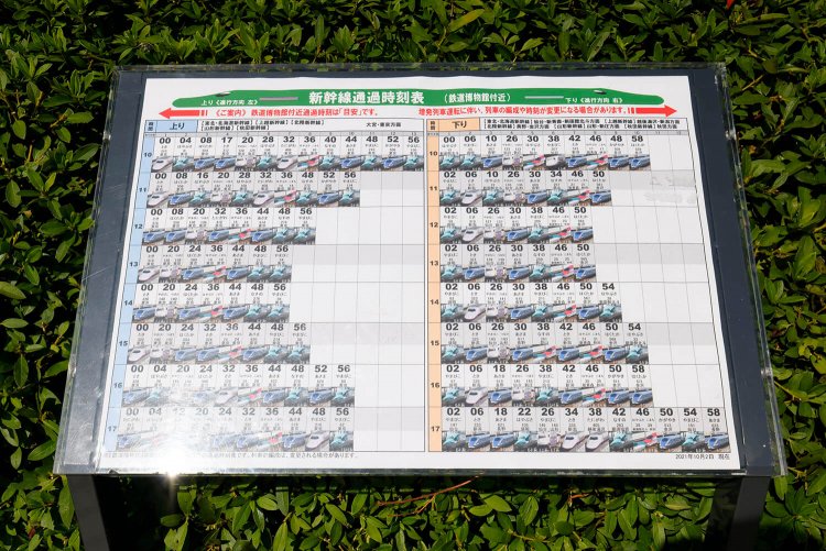 どの新幹線が何時に目の前を通過するかがわかる時刻表も完備！