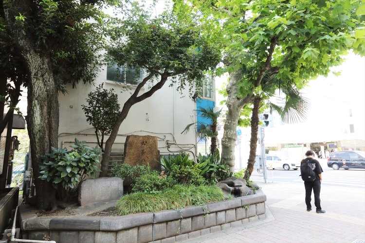 御茶ノ水駅御茶ノ水橋口の交番横、石碑を囲む植栽は、和の雰囲気。