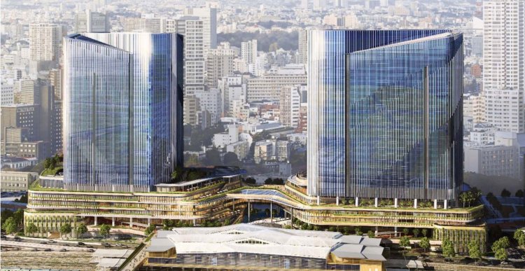 港南側（泉岳寺エリアはビルの向こう側）から高輪ゲートウェイ駅を望んだイメージパース。（画像＝東日本旅客鉄道株式会社）