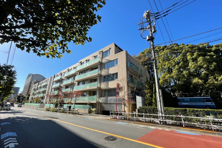 手前が高輪皇族邸に茂る樹々。東西軸が長い敷地を生かしたワイドスパンの住居。