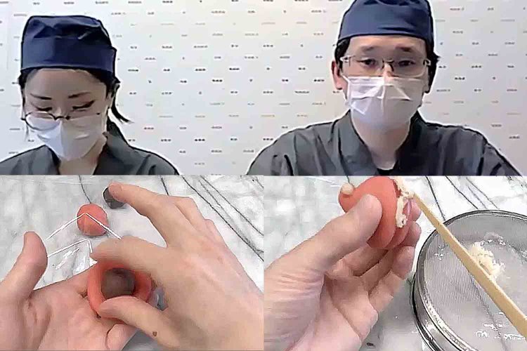 講師は和菓子職人の山口聡士さん（右上）。「こなし生地でこし餡を包み」（左下）、「箸で付けたくぼみに綿に見立てた白あんを付ける」（右下）。