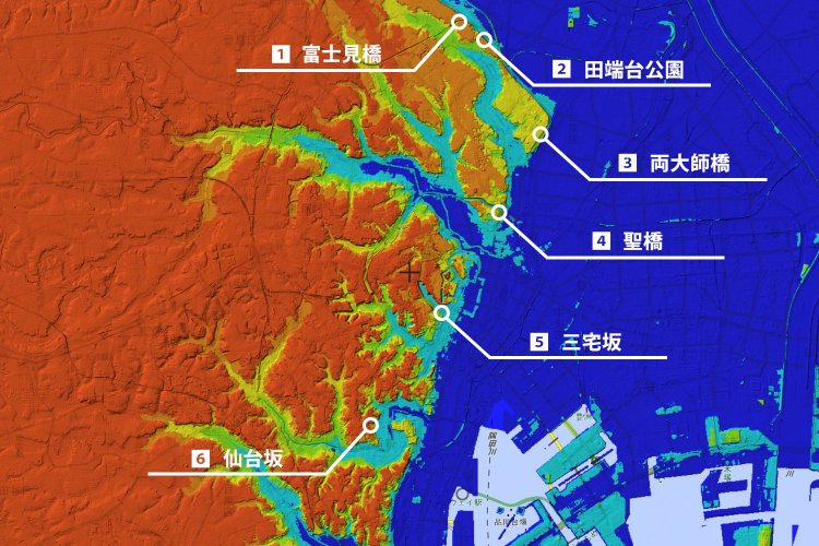 これぞ、台地の東端・月見厳選候補6地点。（国土地理院地図を加工）
