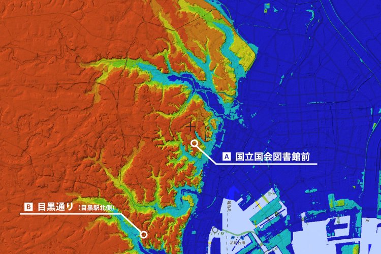 もっと範囲を広げればたくさんあるはずだけど、それをやっちまうとキリがなので、今回は山手線の（ほぼ）内側を目安にした。（国土地理院地図を加工）