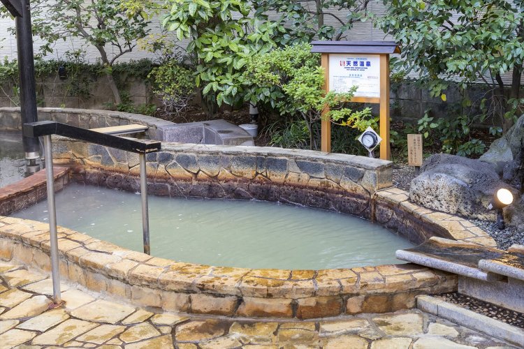 源泉風呂はうぐいす色のにごり湯をかけ流し。塩分濃度が高いため、保温性に優れている。