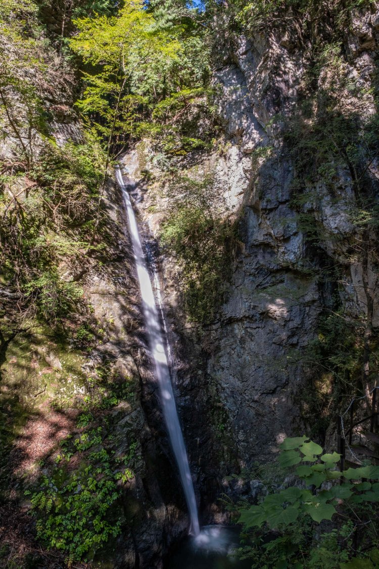 優美な姿で一条の線を描いて流れ落ちる、落差約35ｍの線ケ滝。