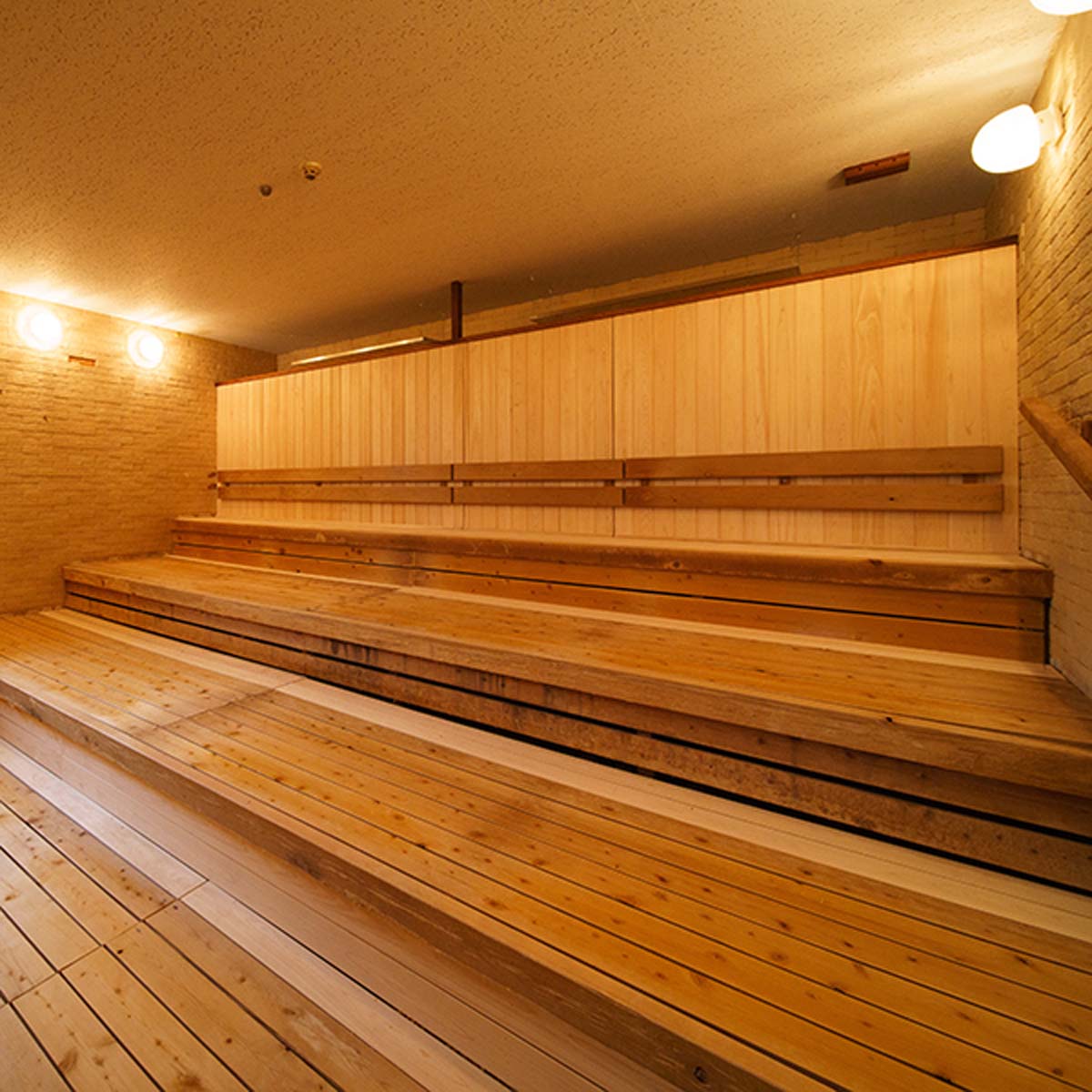 階段状の高温サウナ。発汗作用も高いので、水風呂や外気浴と組み合わせて楽しもう。