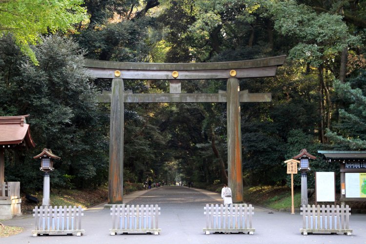 北参道駅の名の由来になった、明治神宮北参道の鳥居。
