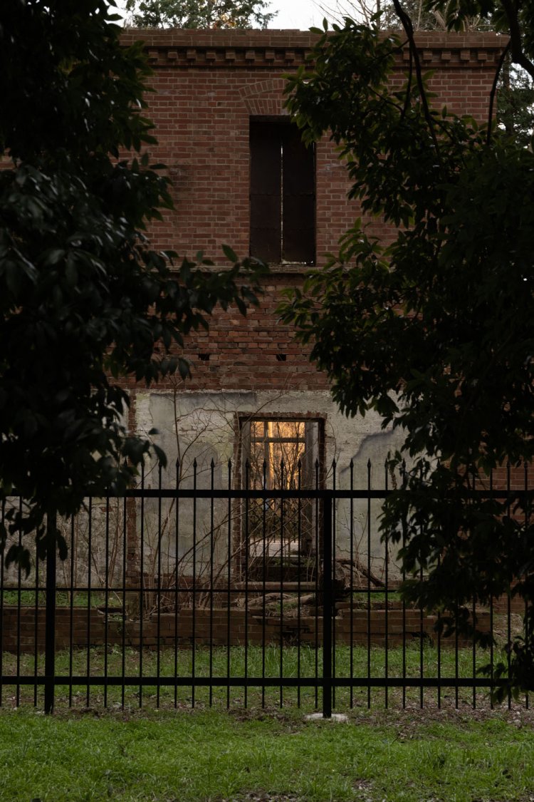 裏手から。夕焼けで輝く姿が、まるで部屋に灯が点ったように見えた。