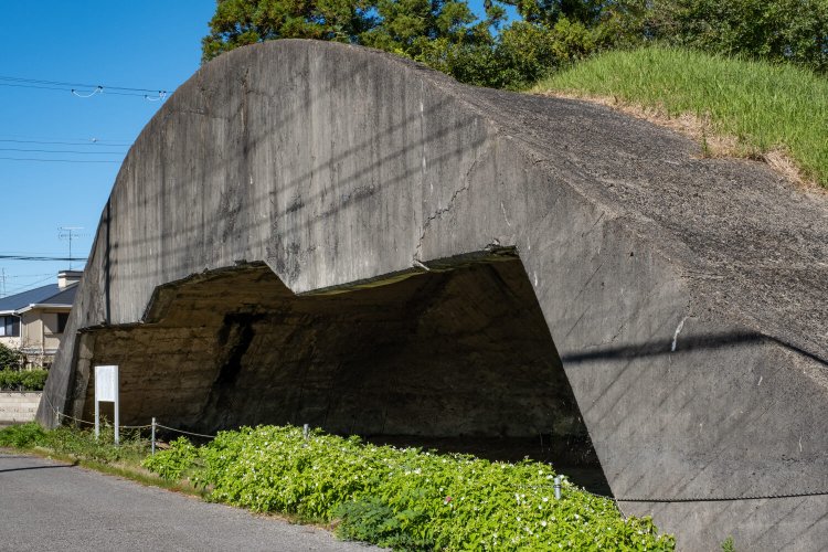 市管理の掩体壕。セメントの上には草が茂り、歳月の経過を感じる。