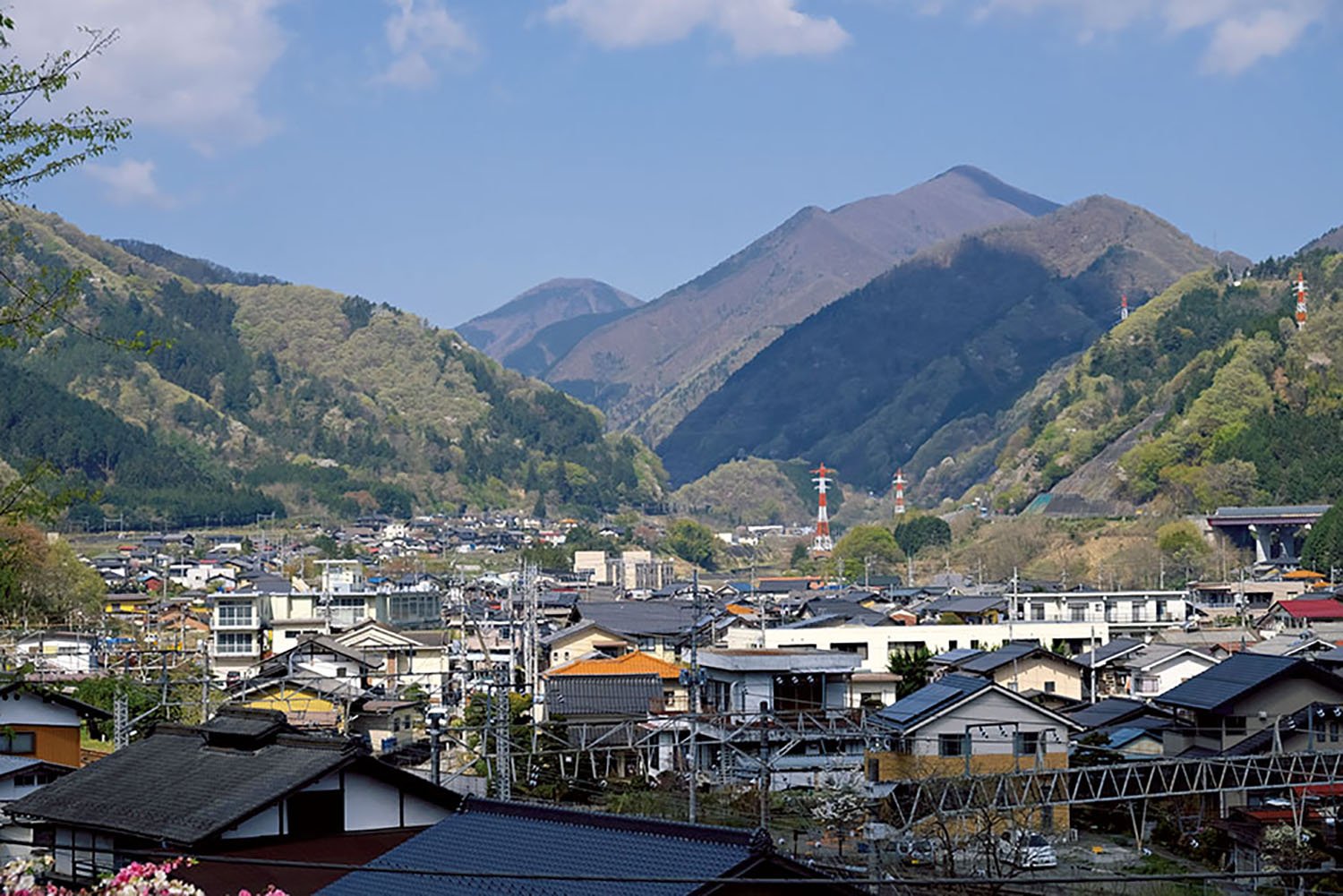 初狩駅から線路をくぐった先の自徳寺近くからの眺望。高い山は滝子山。