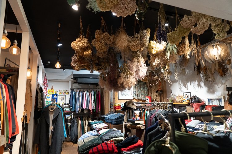 天井から吊り下げられたドライフラワーは1束600円ほどから。