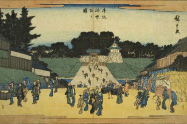 神楽坂上から牛込門（飯田橋駅西口）を描く『牛込神楽坂之図』（国立国会図書館デジタルコレクションより転載）。