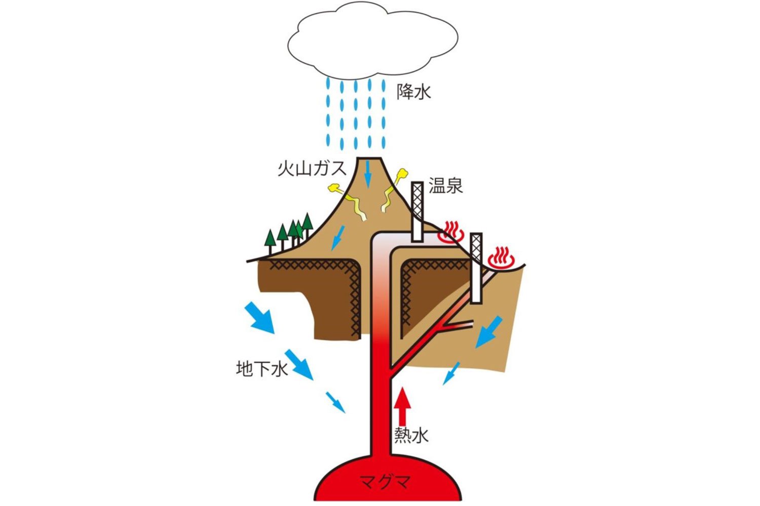火山性温泉。代表的な泉質はナトリウム-塩化物泉。マグマがお湯の源だ。