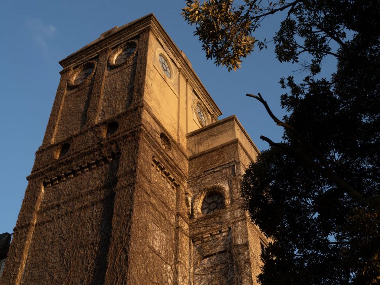 塔の円窓はフクロウの目にも見えてくる。よくよく見ると月桂樹のように縁取られているが、サイドの円窓は破損したのかのっぺらだ。