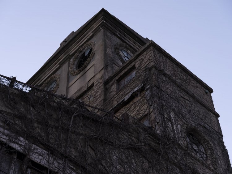 こちらは上写真の反対側の塔部分。窓ガラスが破損されている。両サイドの塔はものすごく蔦が絡まっていて、このまま放置されていくとそのうち緑の塔になってしまいそうな勢いだ。