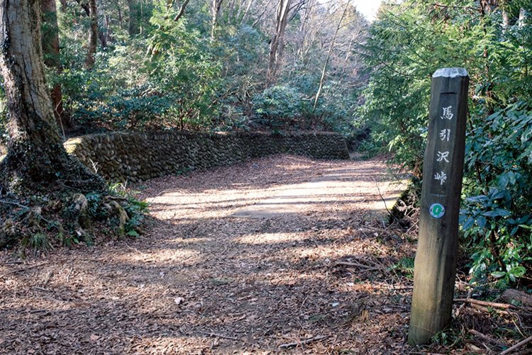 馬引沢峠。かつて鎌倉古道が通っていた道で、日の出町の玉の内に通じていたが、今は二ツ塚処分場のフェンスがあり、通行不可。