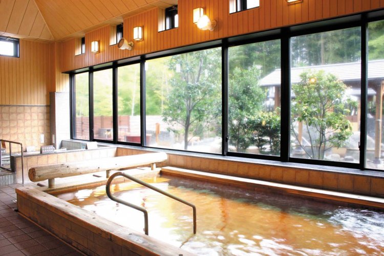 浴槽を檜で縁取った高濃度炭酸泉。丸太の背もたれがユニークだ。