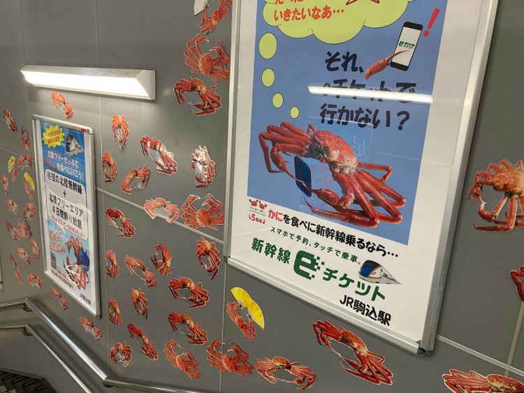 駒込駅のホームに降りる階段。よく見れば一枚一枚のカニはラミネート加工されており、手が込んでいる。