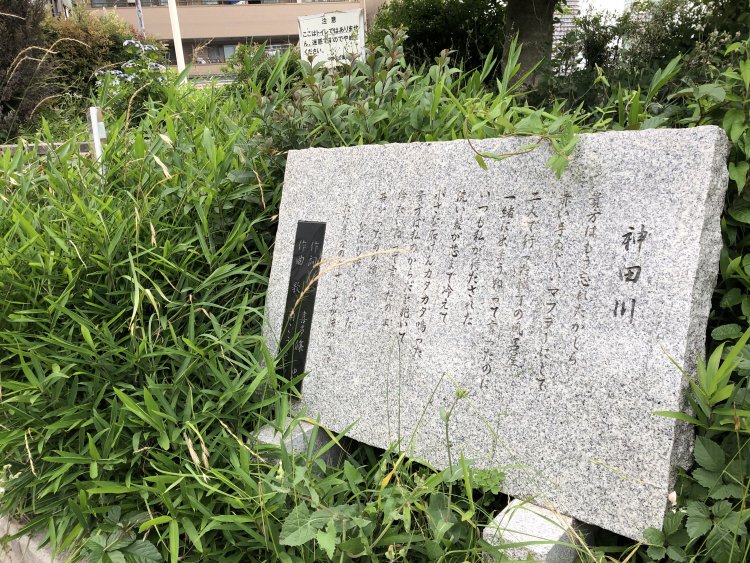 末広橋の近くの公園、 草木に埋もれてひっそり と立つ歌碑があった。