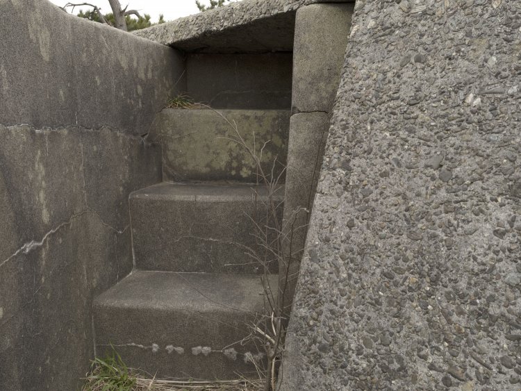 何やら中途半端な狭い階段がある。いかにも上から蓋をされたように不自然な構造。