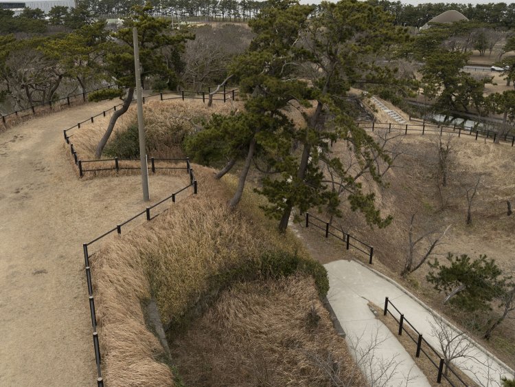 展望台から望む。こちらは右翼側。手前と奥の窪んだ箇所に榴弾砲が設置されていた。僅かに胸墻の石垣らしき構造物が確認できる。グレー色の折れ曲がっている道は戦後の公園整備時に造られたものだろうか。