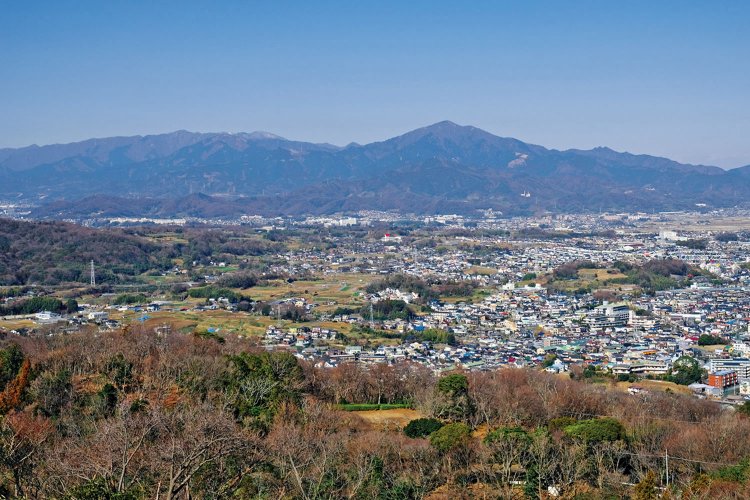 新展望台から丹沢方面の眺望。中央の高い山が大山。