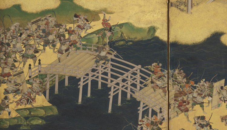 橋合戦を描いたシーン　「平家物語図屛風」（部分）江戸時代前期　17世紀　岡田美術館蔵