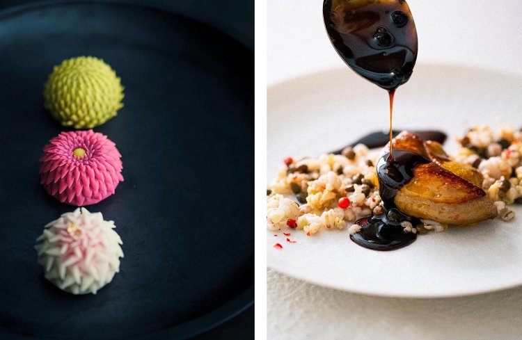 左が一歩引いた引きの例、右は料理に没頭するような寄りの例。