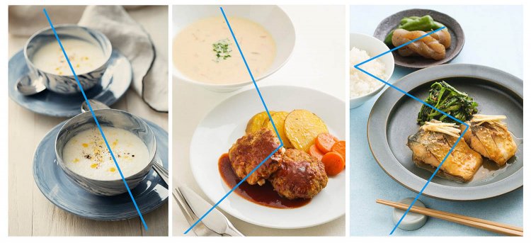 左から対角線、くの字、ジグザグの形で料理を配置。