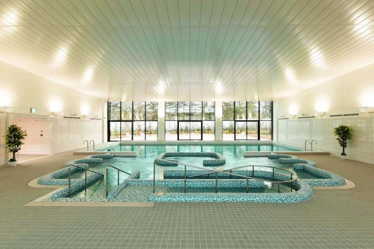 手前はジェットマッサージ浴槽、奥に歩行浴プールがある。スイミングスクールも実施している。