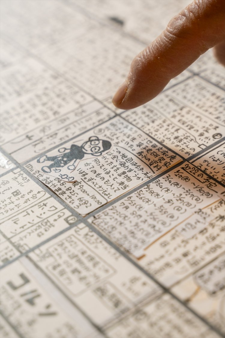 イラストボードに0.05～0.5㎜のサインペンで描いた元原稿。よく見ると紙を貼った部分も。