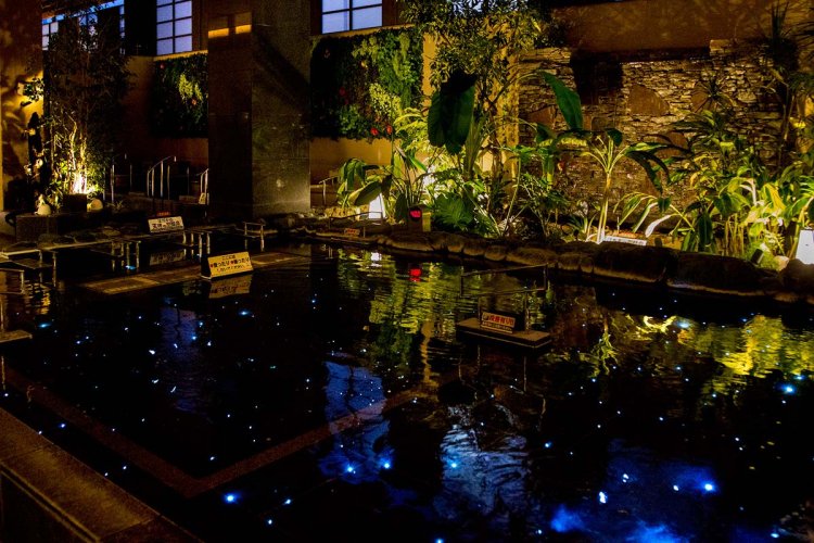 温泉に炭酸ガスを溶かした贅沢な「ほたるの炭酸泉」。美肌効果がある温泉と炭酸泉の効能が得られる。