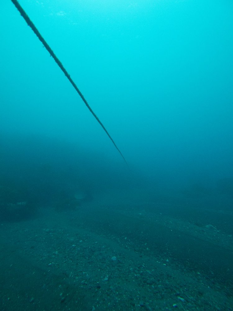 ロープを伝って潜っていく。砂がまいあがらないように気を付けながら潜る。