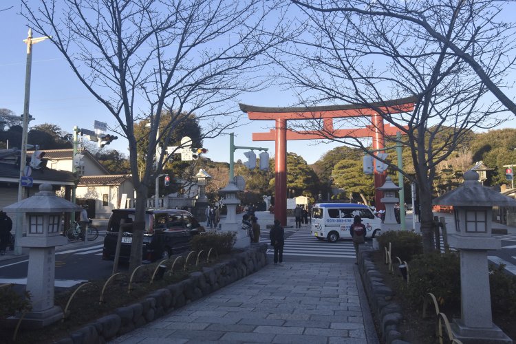 段葛を辿って鶴岡八幡宮の三の鳥居前へ。
