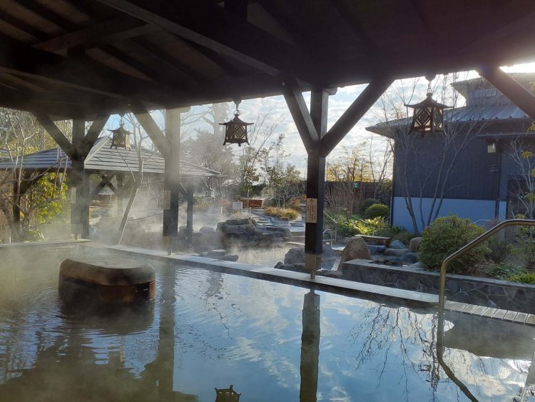 一段高いところにある高濃度炭酸温泉は露天エリアを眺めながら入浴できる。浴槽の横には畳敷きの休憩処もある。