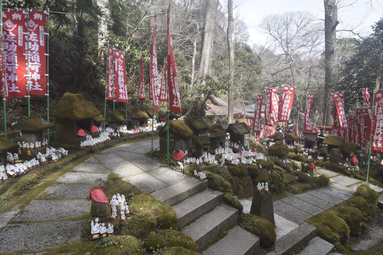 拝殿から本殿へと続く小径に並ぶ祠と陶器の白狐。
