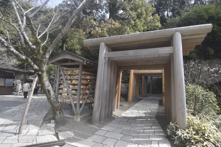 洞窟を抜けた先に並んだ白木の鳥居を振り返る。