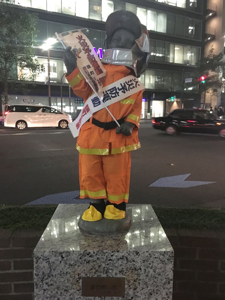 2019年11月撮影。秋の全国火災予防運動期間で、オレンジの防火服を着ている。