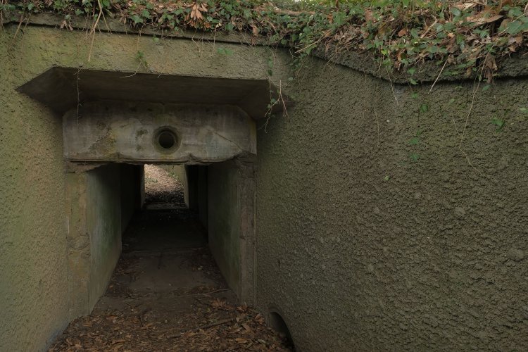 第二砲台付近にある弾薬庫。砲側庫とも言う。半地下構造で上部は敵機に見つからないよう植樹されていた。ケーブルの跡があったので電灯はあったと思われる。壁面はモルタル吹付なのか、ボツボツと凹凸があった。