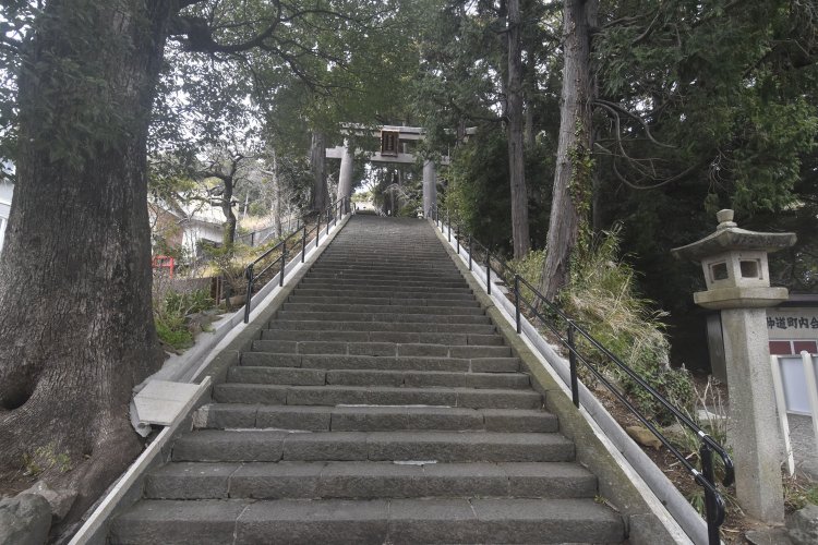 本殿までは、伊豆山神社前バス停前から急な石段が続く。
