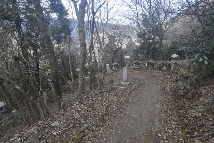 膝が痛くなってくるほどの急坂を下る。石仏と灯籠はずっと並んでいた。