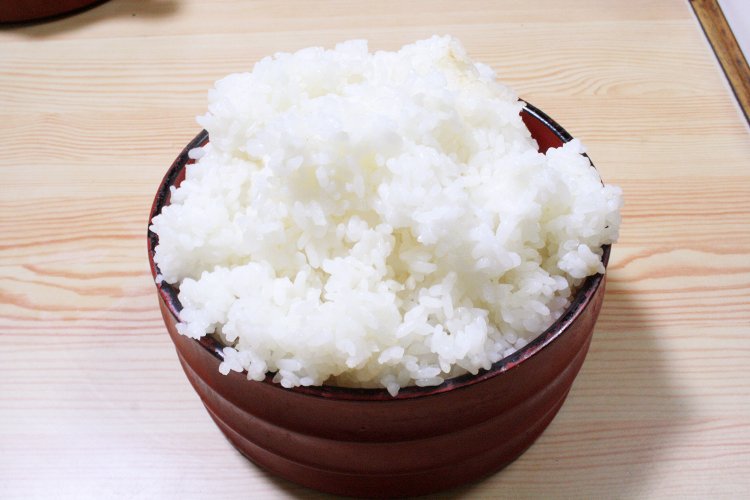 ご飯だけ単体で撮ってみた。手に持つとずっしり重い。お米は新潟産コシヒカリ。