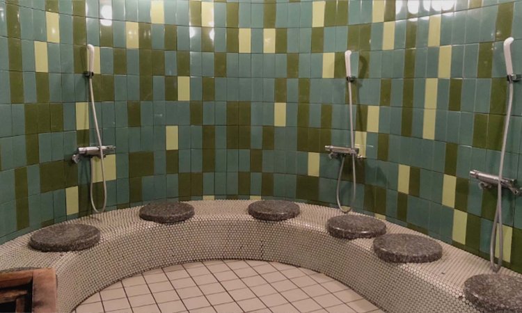 ミスト状の蒸気が充満するよもぎスチームサウナは、ヨモギの香りに癒やされる。