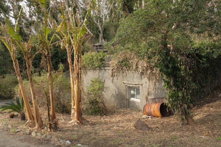 上の写真の建物を散策道の方から見た。半分埋まっている気がした。