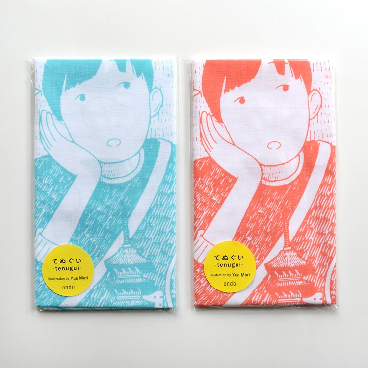 「森優／てぬぐい」1430円。心地よい浮遊感のある絵が素敵な森優さん手ぬぐい。鮮やかなオレンジと、爽やかな水色の2色展開。