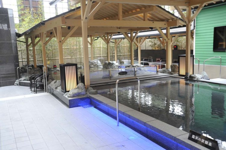 東屋がかかった露天の炭酸泉。奥には美泡の壺炭酸泉もある。